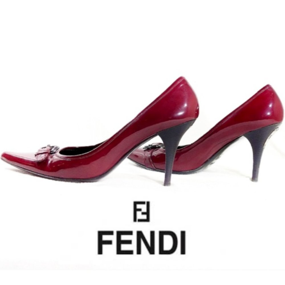 Fendi Deep Red Patent Leather Logo Heels- Size 41/10